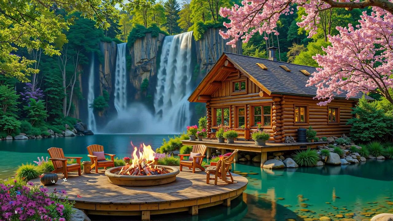 Calm Spring Piano by the Lake 🌸 Waterfall & Nature Sounds for Focus & Relax