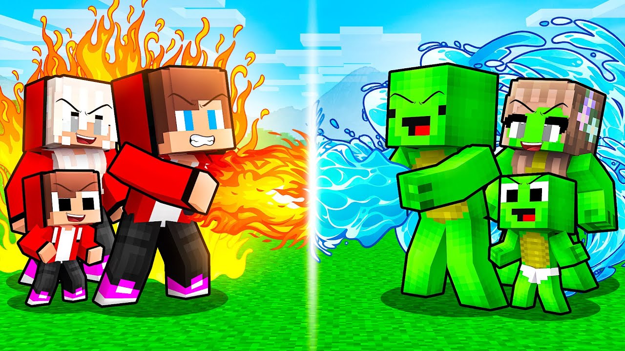 JJ and Mikey: WATER vs FIRE Elemental Family Battle in Minecraft - Maizen