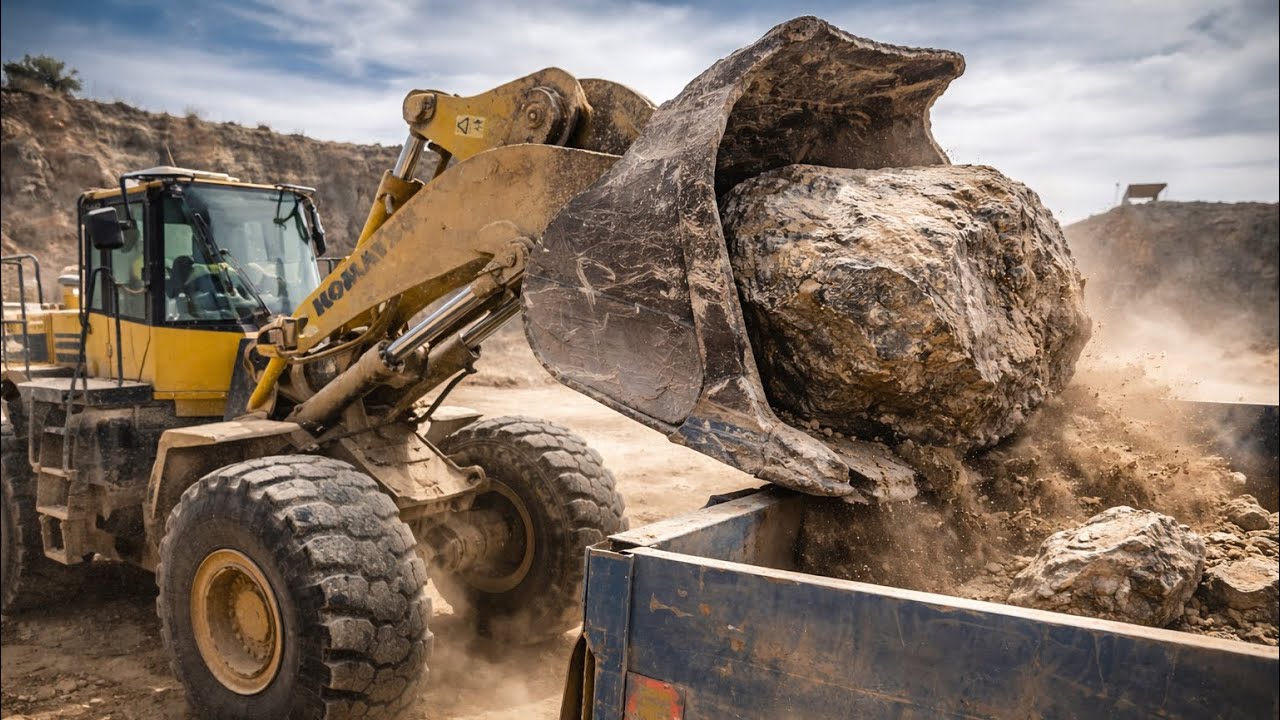 Komatsu WA500 Rock Loading – Powerful Wheel Loader in Mining Operation