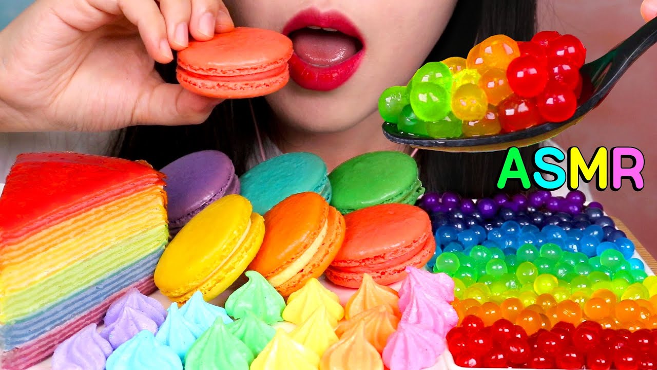 MOST POPULAR FOOD FOR ASMR CREPE CAKE, MACARONS, POPPING BOBA, MERINGUE COOKIES EATING SOUNDS 咀嚼音 먹방