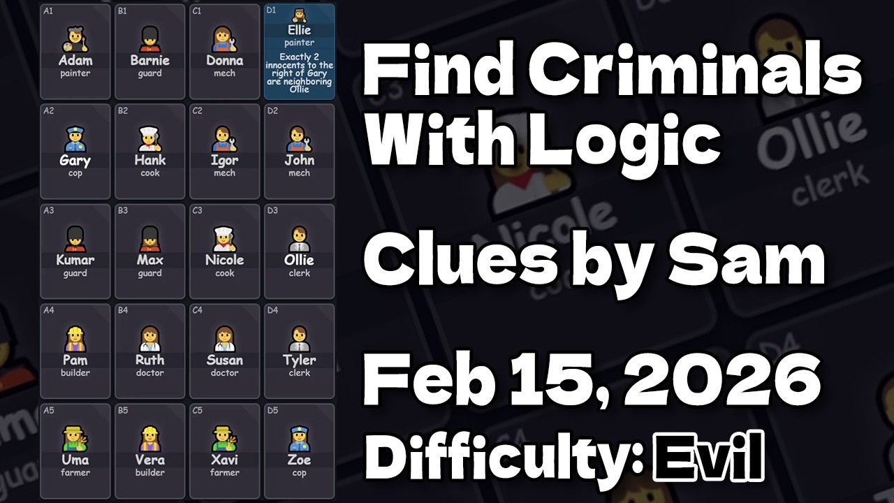 Find Criminals With Logic - Clues by Sam Feb 15, 2026