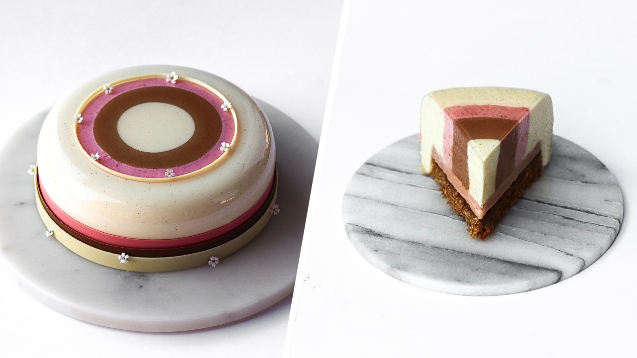 Tutorial: Vanilla, Chocolate & Strawberry Entremet Cake │ Mirror Glaze & Mousse │ Neapolitan Cake