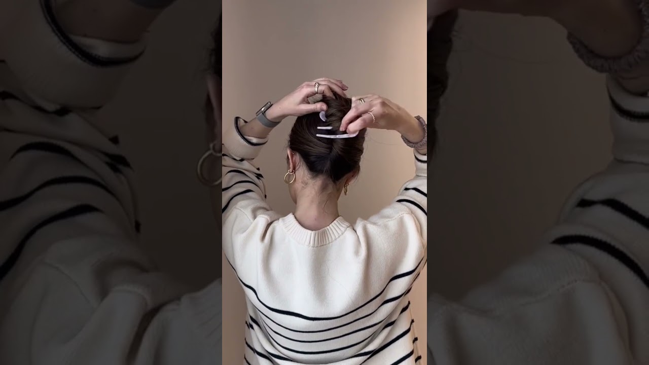 Double hair pin French twist on long hair