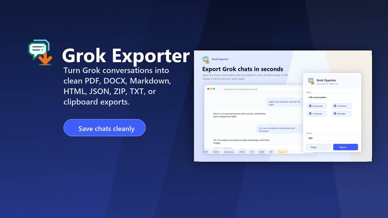 Grok Exporter - Export Grok Chats to PDF, DOCX, Markdown, HTML, JSON, ZIP