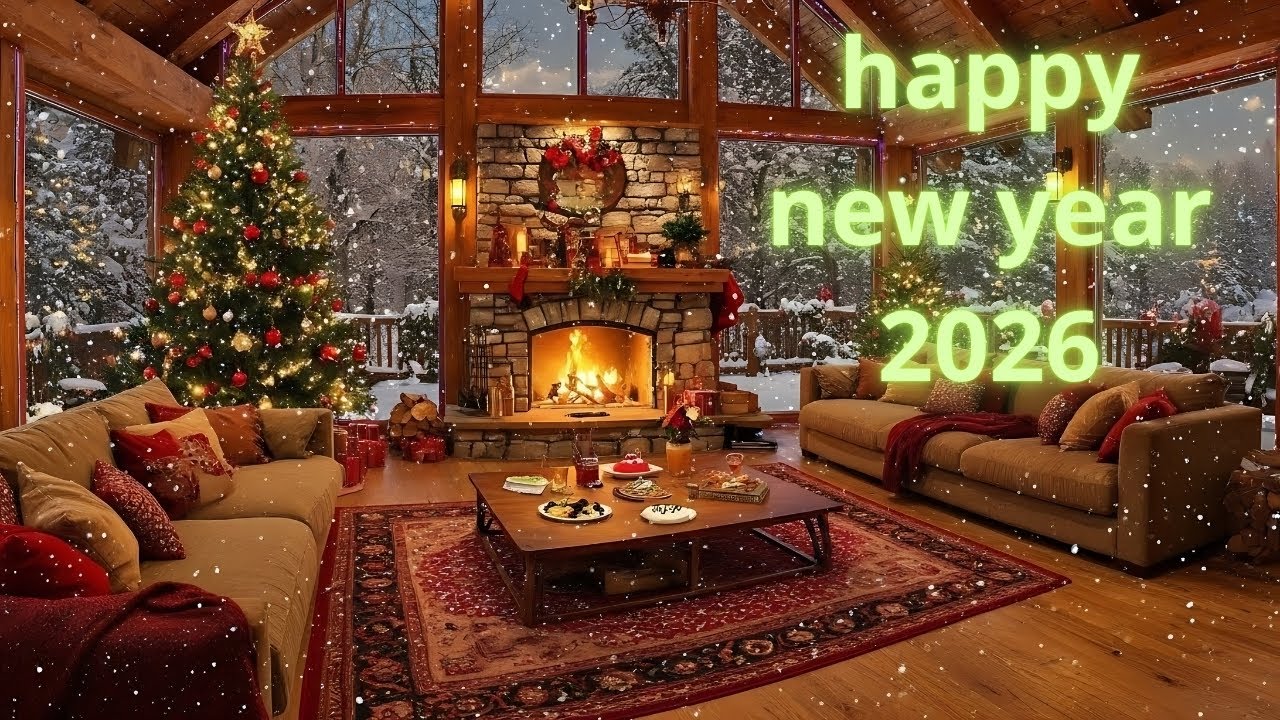 Jazz Piano Cafe Music ☕ Cozy Fireplace & Snowy Night | Happy New Year 2026