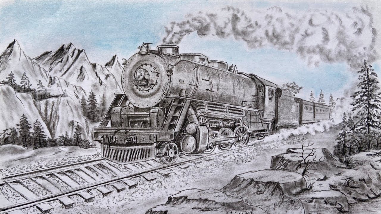 Train Drawing with charcoal Pencil | Steam train Engine Drawing | Train Drawing | Pencil art | 