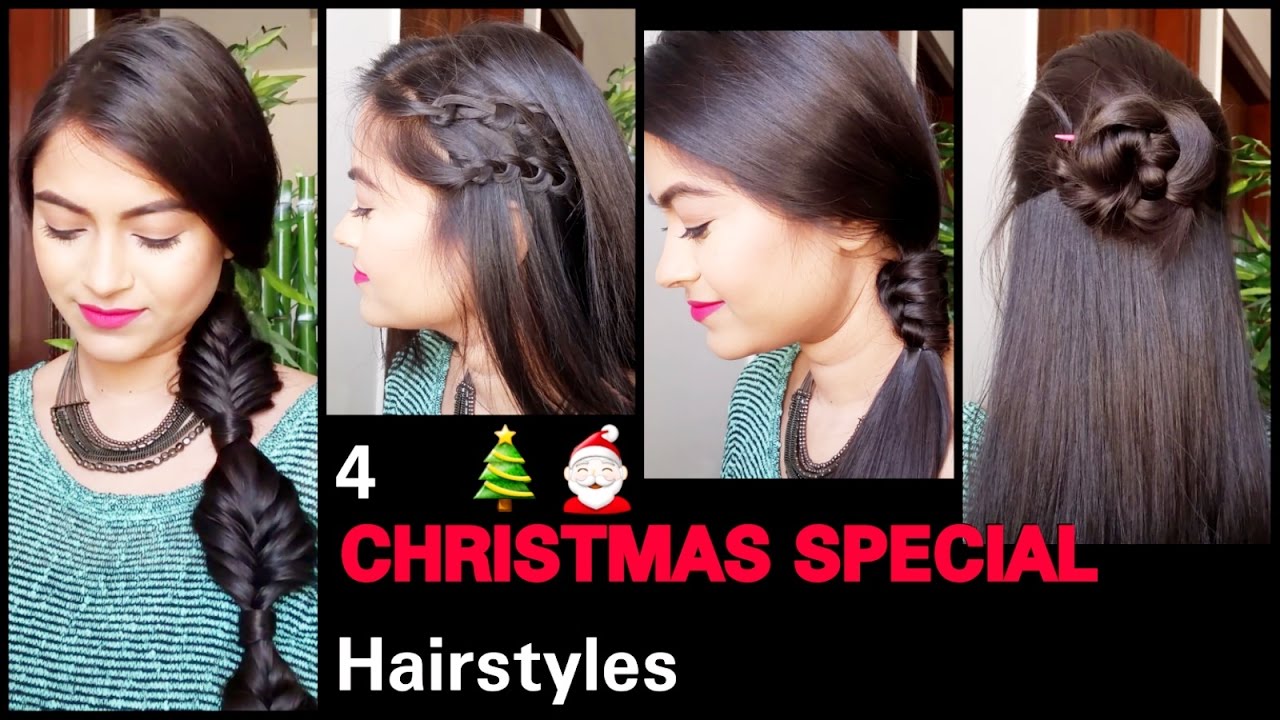 4 Party Hairstyles for medium/long hair//Easy Heatless Hairstyles for indian hair for college/work