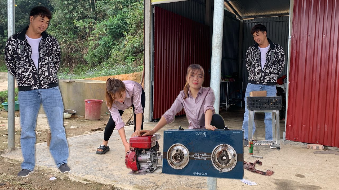 The girl quickly repaired the alternator of the AC generator.