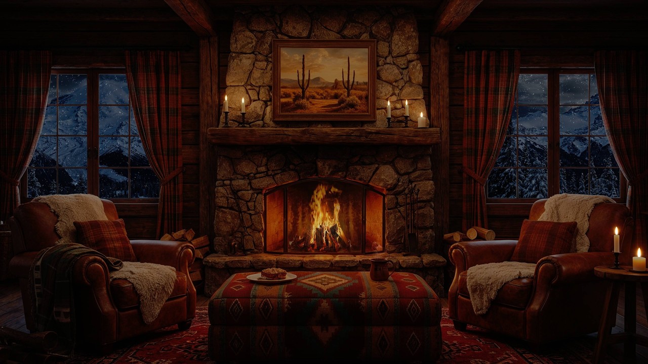 Cozy Mountain Cabin Ambience 🔥Fireplace Sounds & Snowfall for Sleep & Focus