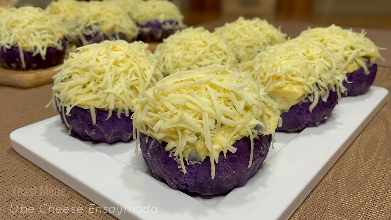 Soft UBE CHEESE ENSAYMADA with Buttercream Topping Recipe | Ube (Purple Yam) Halaya Filling
