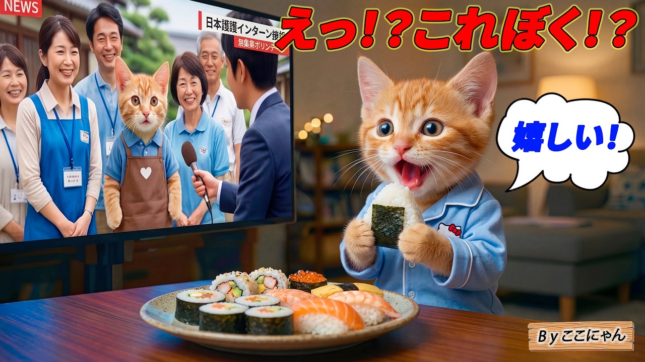 テレビを見ていた子猫ここにゃん…突然ニュースに自分が映っていてびっくりした瞬間 🐱