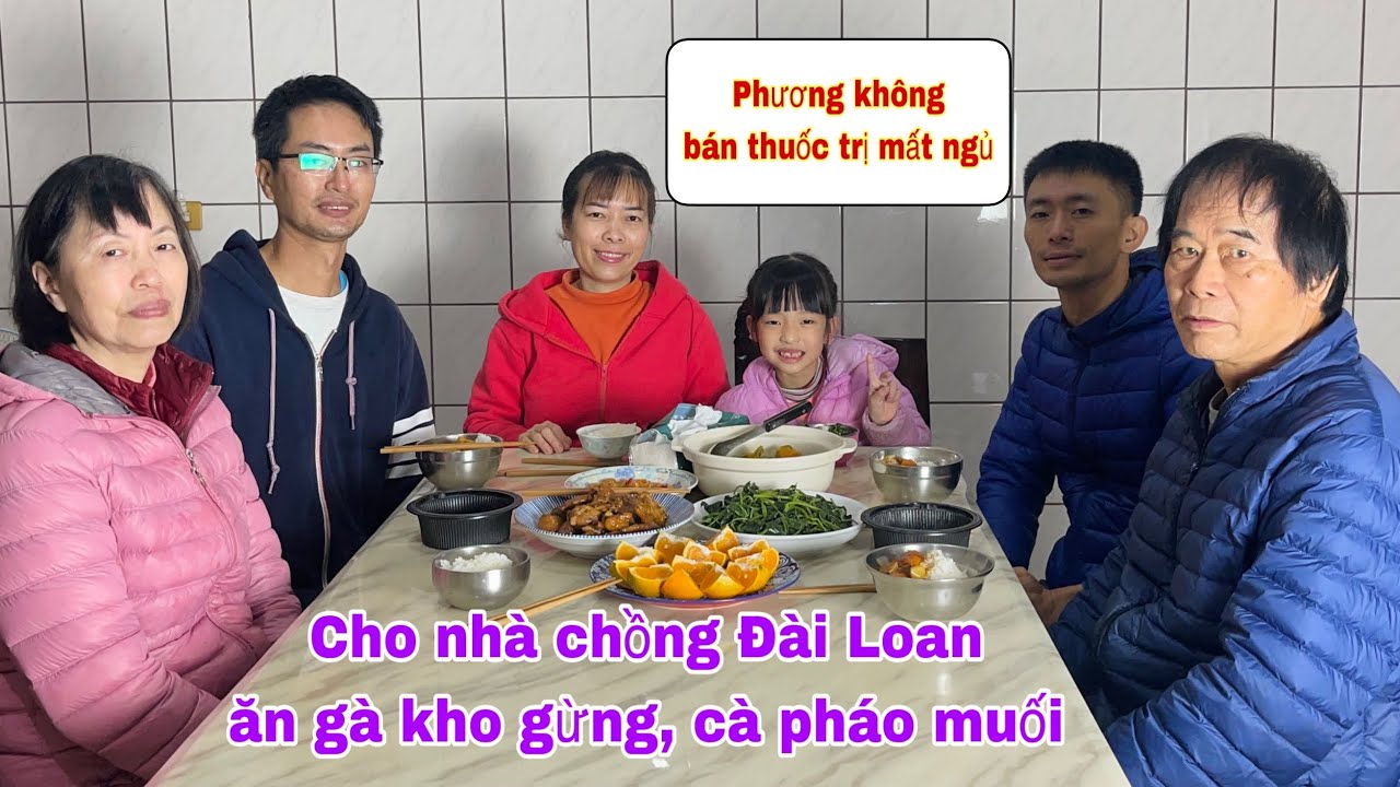 Cho nhà chồng Đài Loan ăn cơm với gà kho gừng, rau lang xào tỏi, cà pháo ngâm chua ngọt