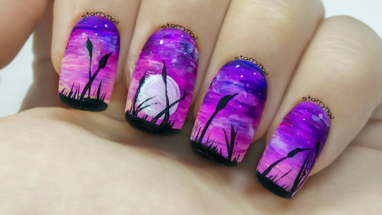 Easy Purple Landscape [Freehand Nail Art]