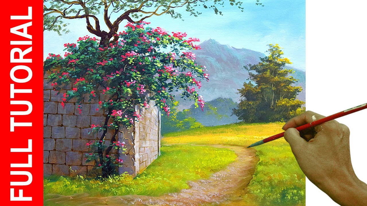 TUTORIAL: Acrylic Painting Landscape / Bougainvillea on the Wall / JMLisondra
