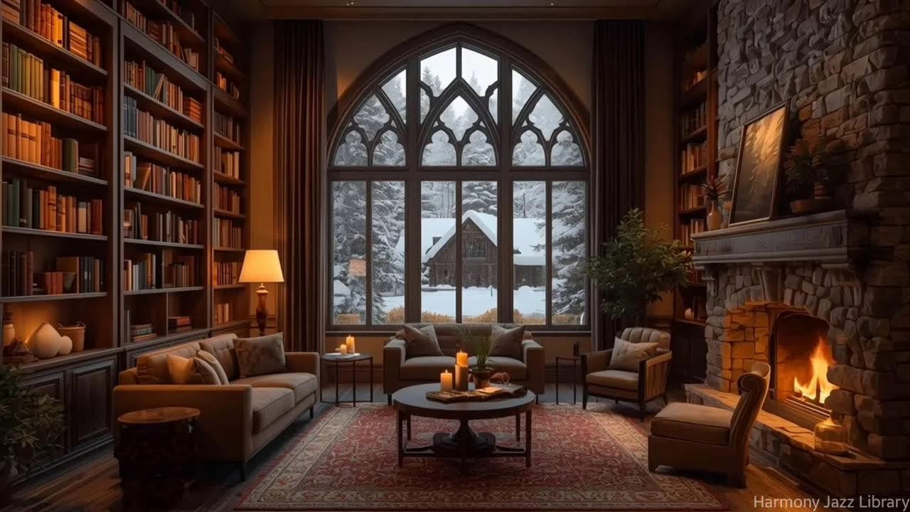 Calming Winter Jazz Snowy Cabin Library Retreat for Reading Comfort, Warm Lights & Quiet Focus