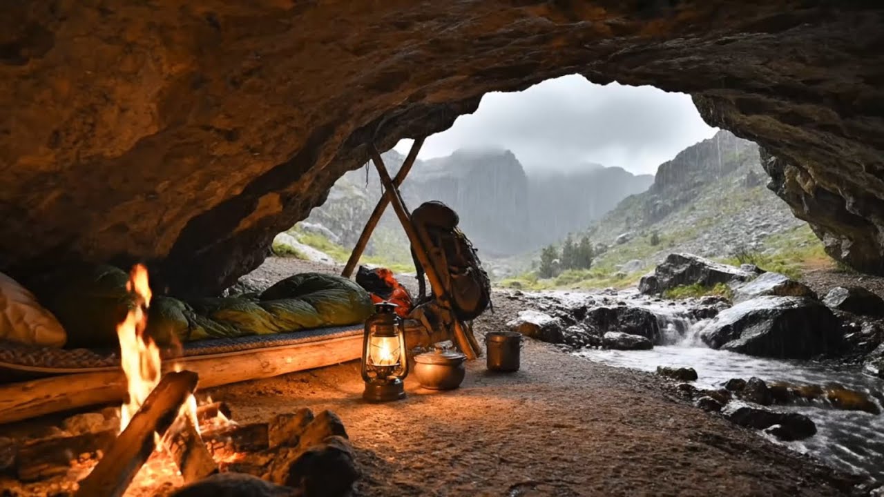 Rainy Cave Ambience for Deep Sleep | Cozy Campfire ASMR | Relaxing Rain Sounds in Cave
