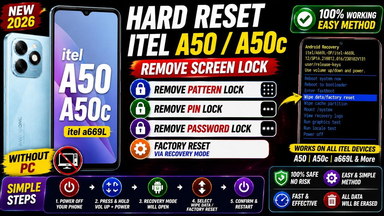 Hard Reset iTel A50/A50c Remove Screen Lock Without PC | Factory Reset itel A50c ITEL A669L