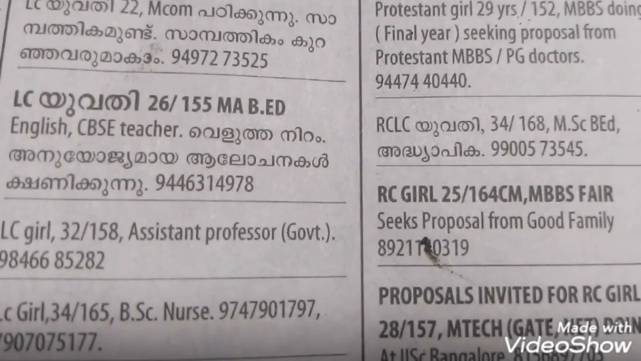 Kerala CHRISTIAN GIRLS WANTED GROOM details from Malayalam news papers