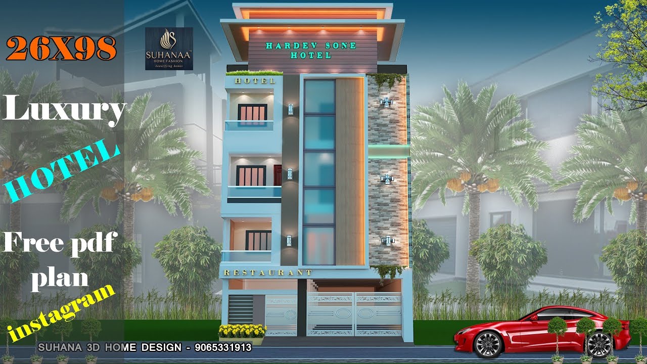 26X98 Ground For Parking First For Restaurant & Second Floor रूम+अटैच टॉयलेट के साथ II 3D HOTEL PLAN