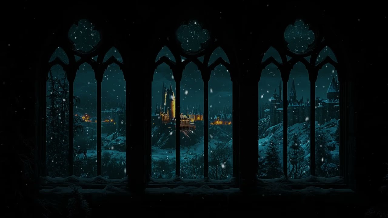 Hogwarts Winter Castle Window View | Peaceful Snowfall Ambience and Gentle Wind Sounds for Study