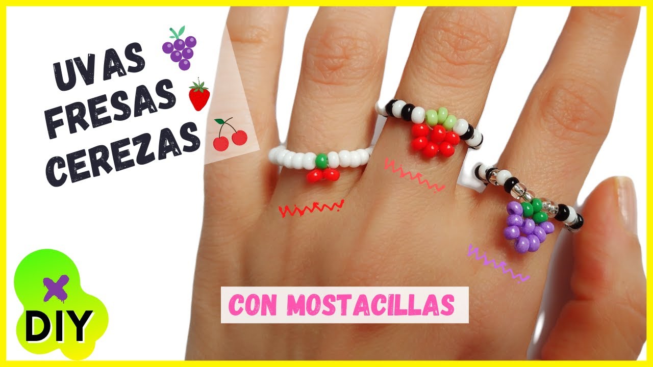 💜Anillos de MOSTACILLAS con diseños de UVAS 🍇, CEREZAS 🍒 y FRESAS🍓/ Anillos fáciles de hacer