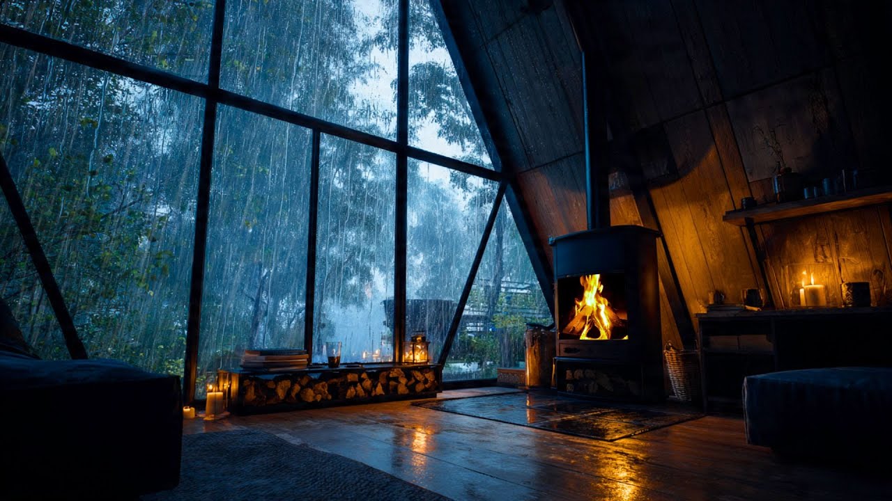 Fireplace & Rain Ambience for Anxiety Relief 🌧️ Cozy Night Indoors