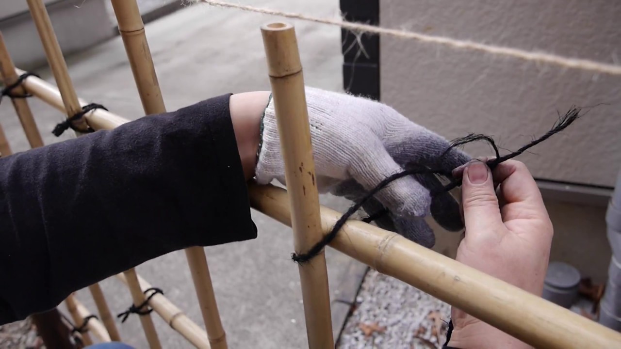 竹垣づくり　しゅろ縄の結び方　「いぼ結び」
