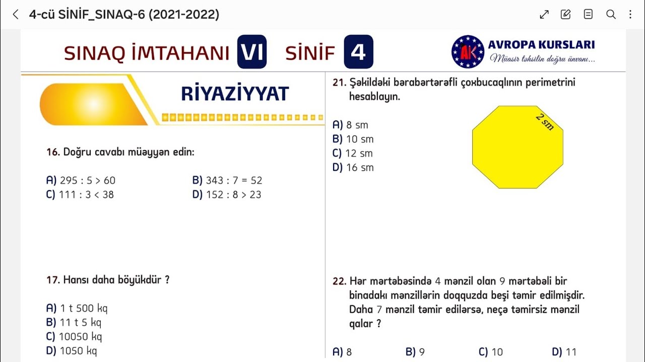 Monitorinq-4 cu sinif Riyaziyyat Testləri- 4 cu sinif Monitorinq Riyaziyyat
