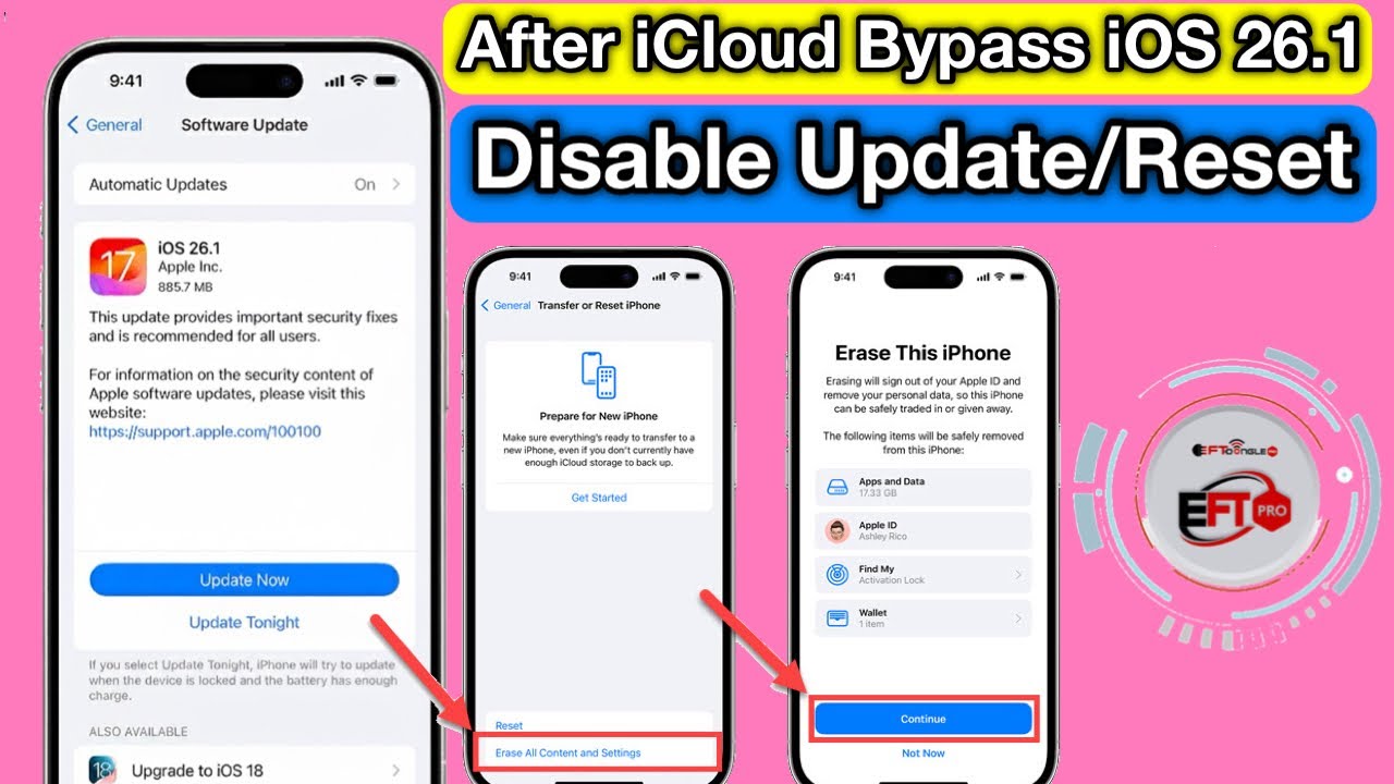 After iCloud Bypass Disable Update and Erase and Reset EFT PRO New Update