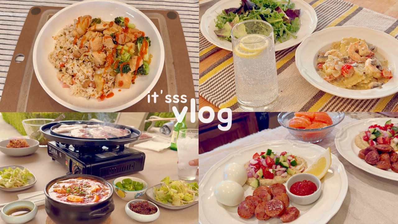 집밥vlog🥘삼겹살에 순두부찌개 조합은 못참지ㅣ새우 페스토 크림파스타ㅣ닭가슴살 브로콜리 볶음ㅣ후머스, 간단샐러드