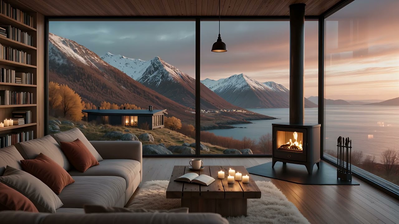 Cozy Mountain Cabin Fireplace Ambience 🏔️🔥 | Peaceful Sunset and Relaxing Crackling Fire Sounds