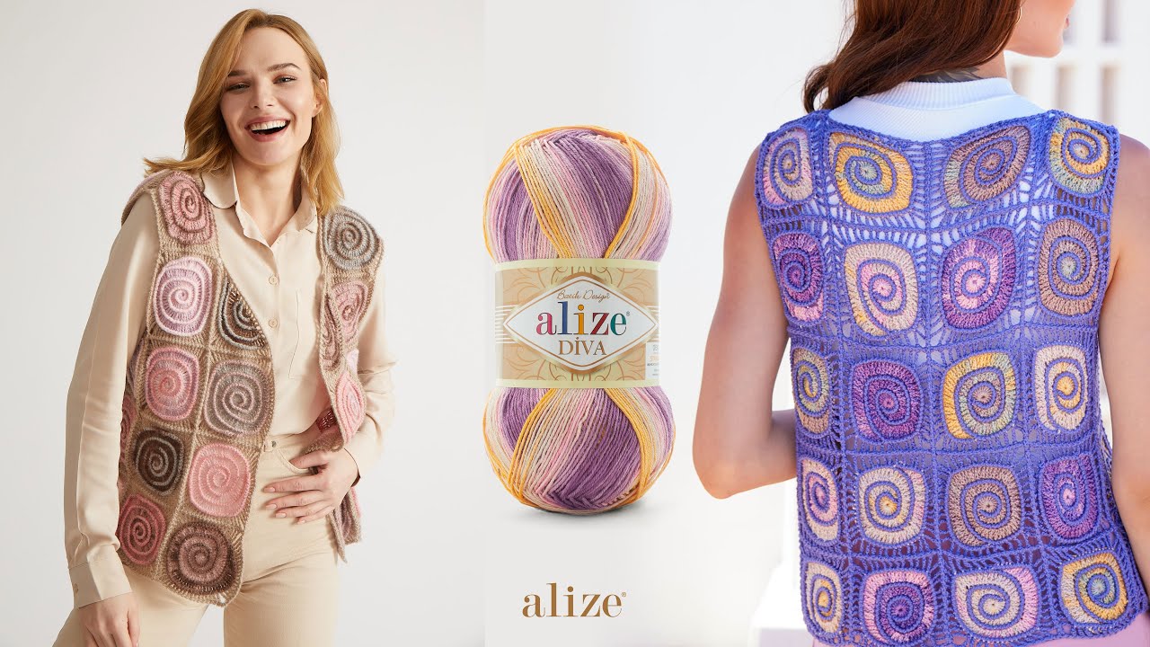 Жилет со спиральным мотивом крючком из Alize Diva Batik
