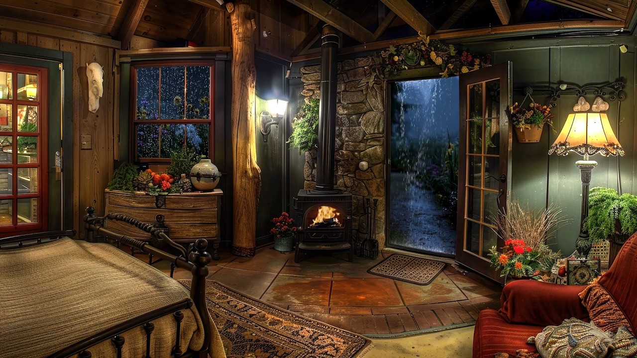🔴Relaxing Rain Ambience | Sleeping in a Cozy Cabin with Burning Fireplace & Soothing Rain Sounds💤