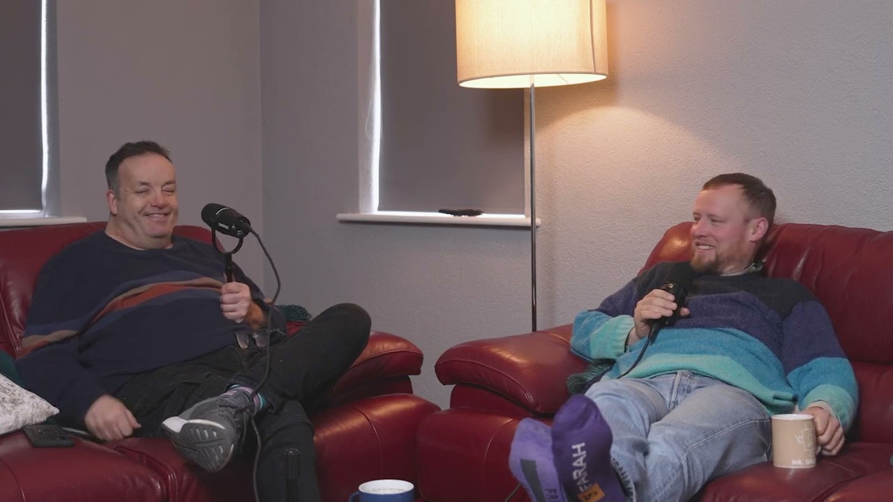 Owen and John on the leather couches