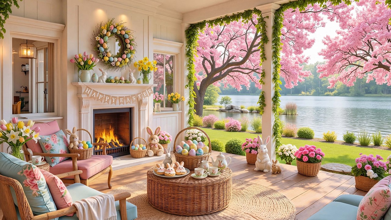 Easter Music Vibes 🐰 Instrumental Piano by the Fireplace with Cute Bunnies, Spring Atmosphere