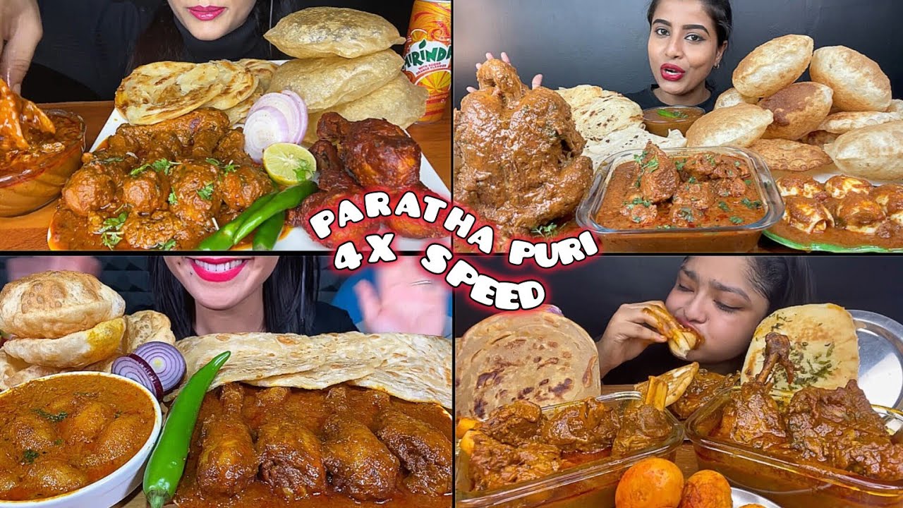 ASMR: Eating Spicy chicken curry with puri, paratha eating challenge mukbang😍
