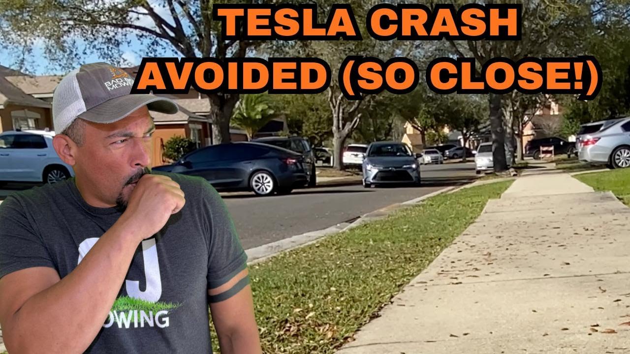 TESLA Driver Nearly Causes ACCIDENT while We film video for FREE Lawn Service  ASMR