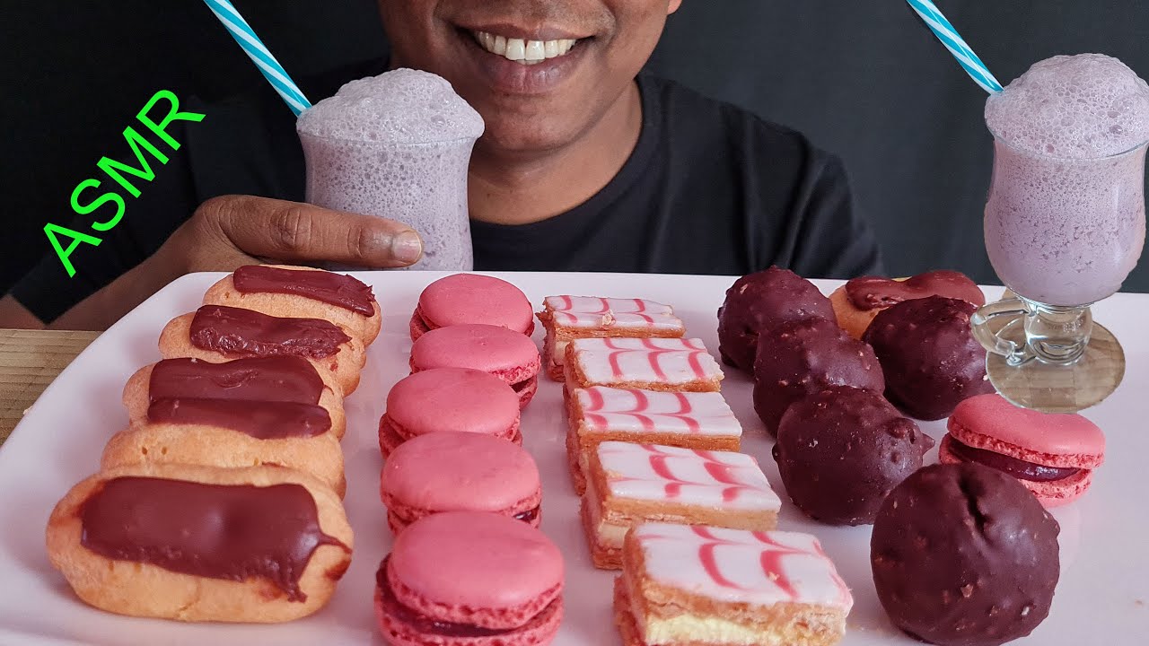 ASMR : CHOCOLATE ECLAIRS pink MACAROONs ALMOND CHOCOLATE BALLS EATING SOUNDS @PushASMR