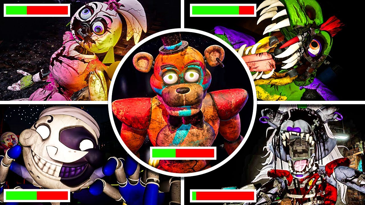 FNAF Security Breach - All DEATHS and JUMPSCARES Scenes With HEALTHBARS