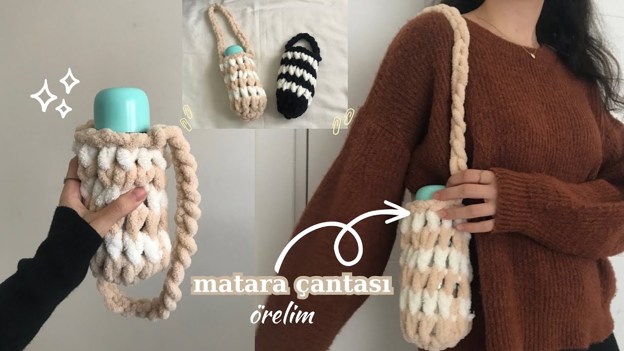 10 dakikada ör ve tak / Tığ ve şiş olmadan Puffy iple matara çantası örelim