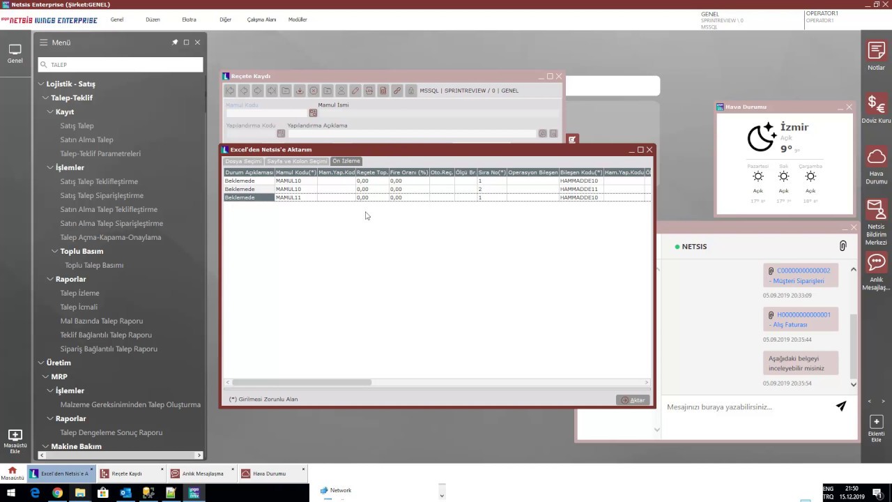 Netsis Wings Excel Aktarımı (+Reçete ve TalepTeklif)