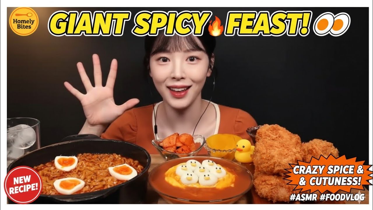 The Cutest Spicy Mukbang Ever? 🐥🌶️ Huge Noodles & Crispy Chicken (ASMR)#asmr #mukbang #homelybites 