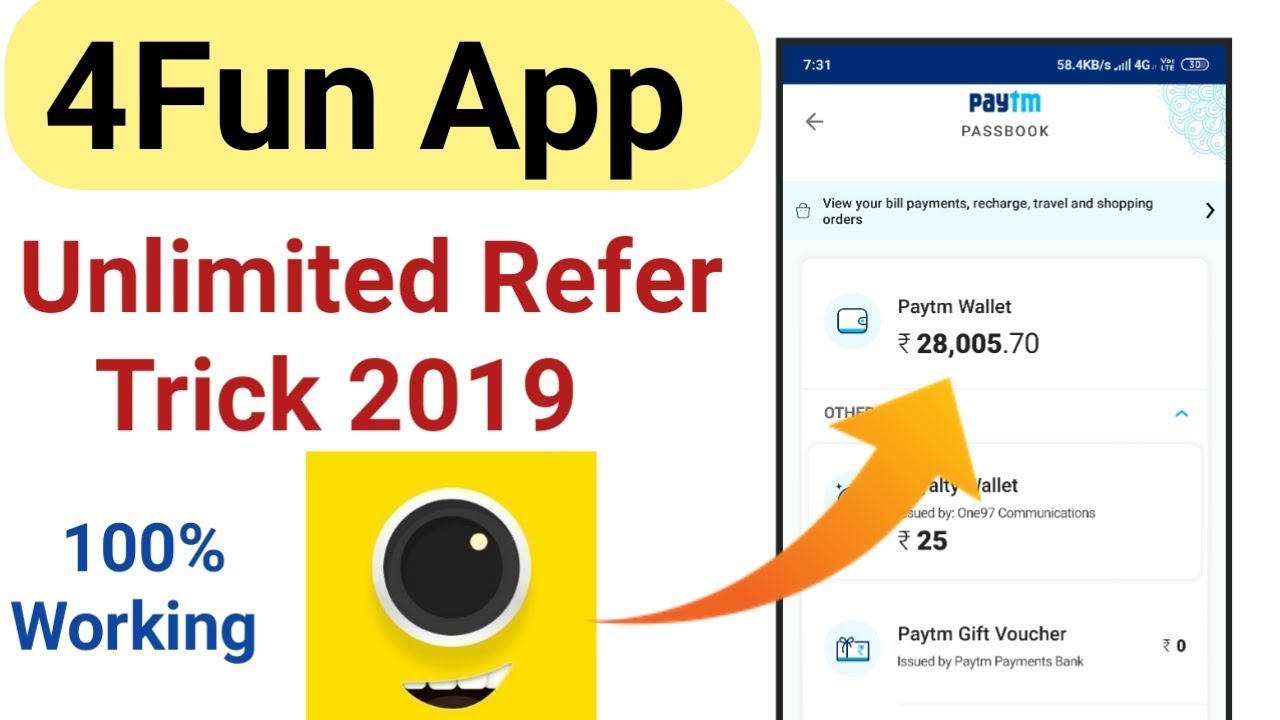 4fun app unlimited Refer trick | Free Paytm cash earning App 2019 |Tricks in hindi | ₹28,255.87