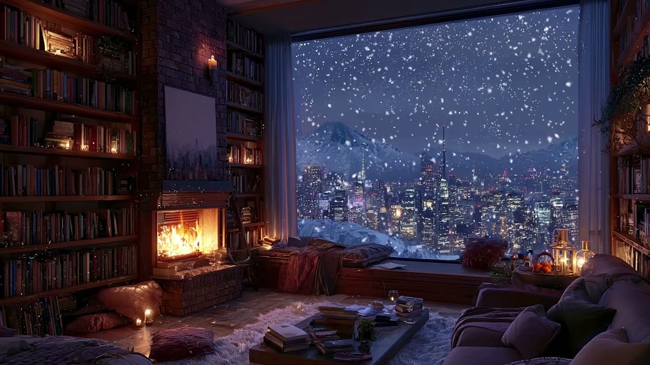 Quiet Winter Cabin Night | Warm Fireplace Crackles and Gentle Falling Snow for Deep Sleep ❄️🔥