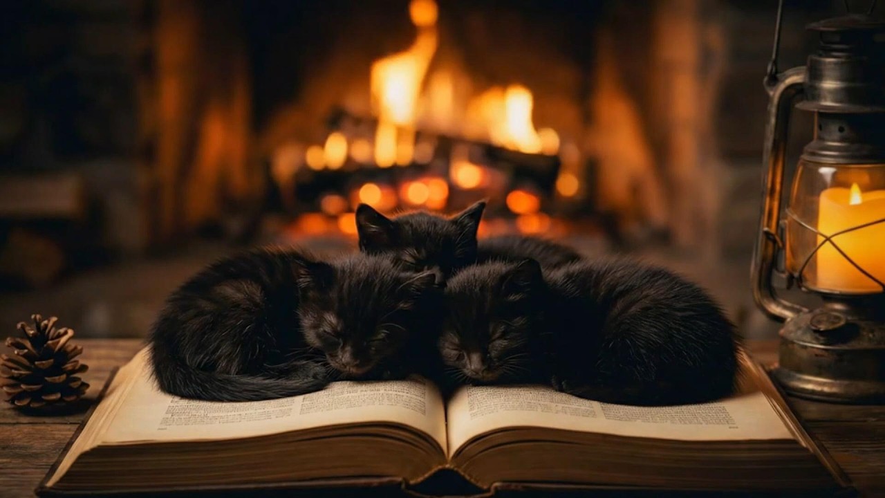 The Coziest Thing on YouTube Tonight 🐾 Fireplace + Sleeping Black Kittens.