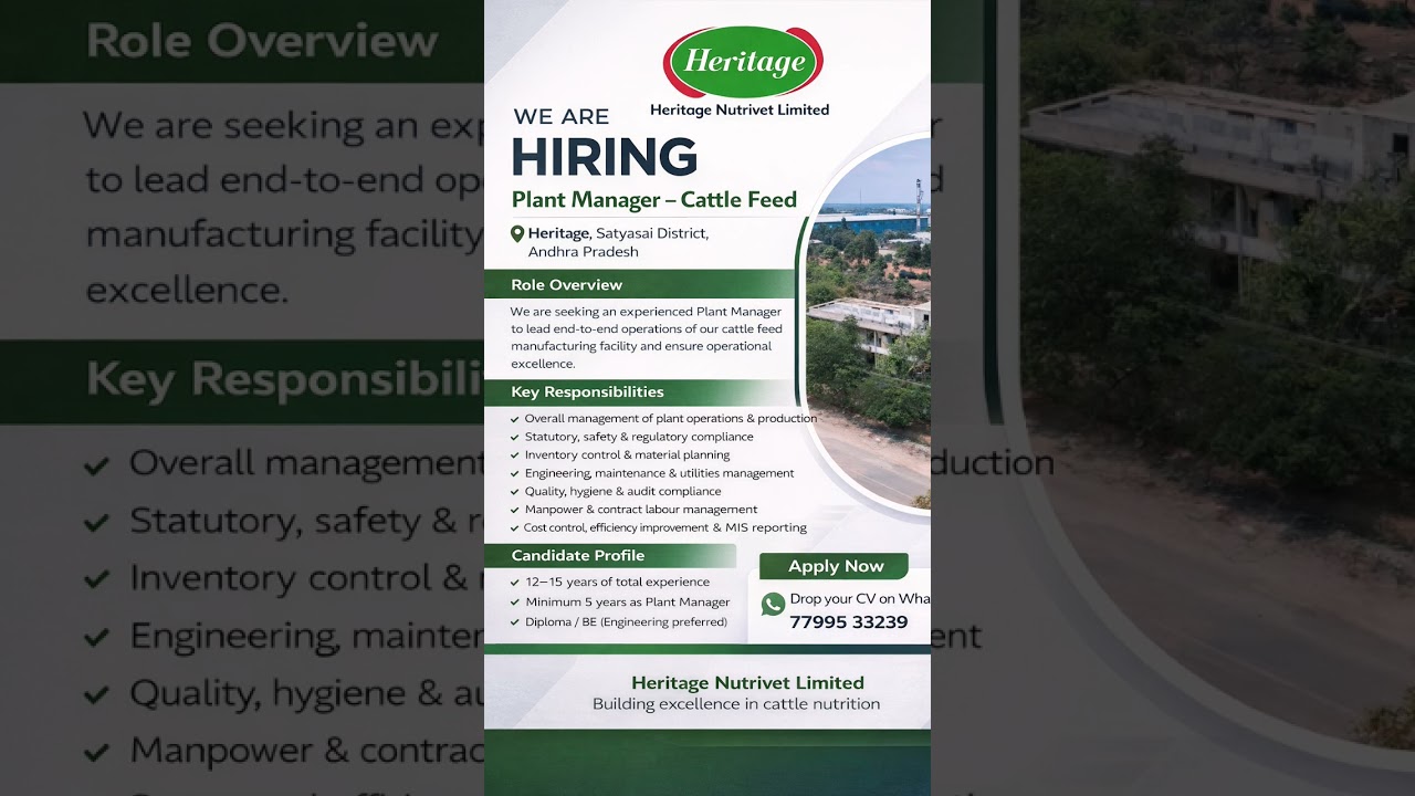 🚨 We’re Hiring | Plant Manager – Cattle Feed 🚨Heritage Nutrivet Limited