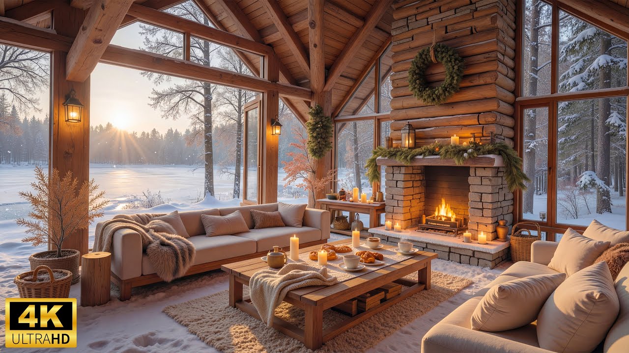 Winter Morning Ambience ❄ Soothing Piano Music with Warm Fireplace & Snowfall for Calm and Focus