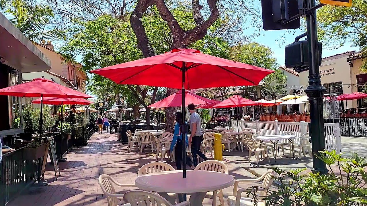 Summer day walking tour of State Street in Downtown Santa Barbara California USA