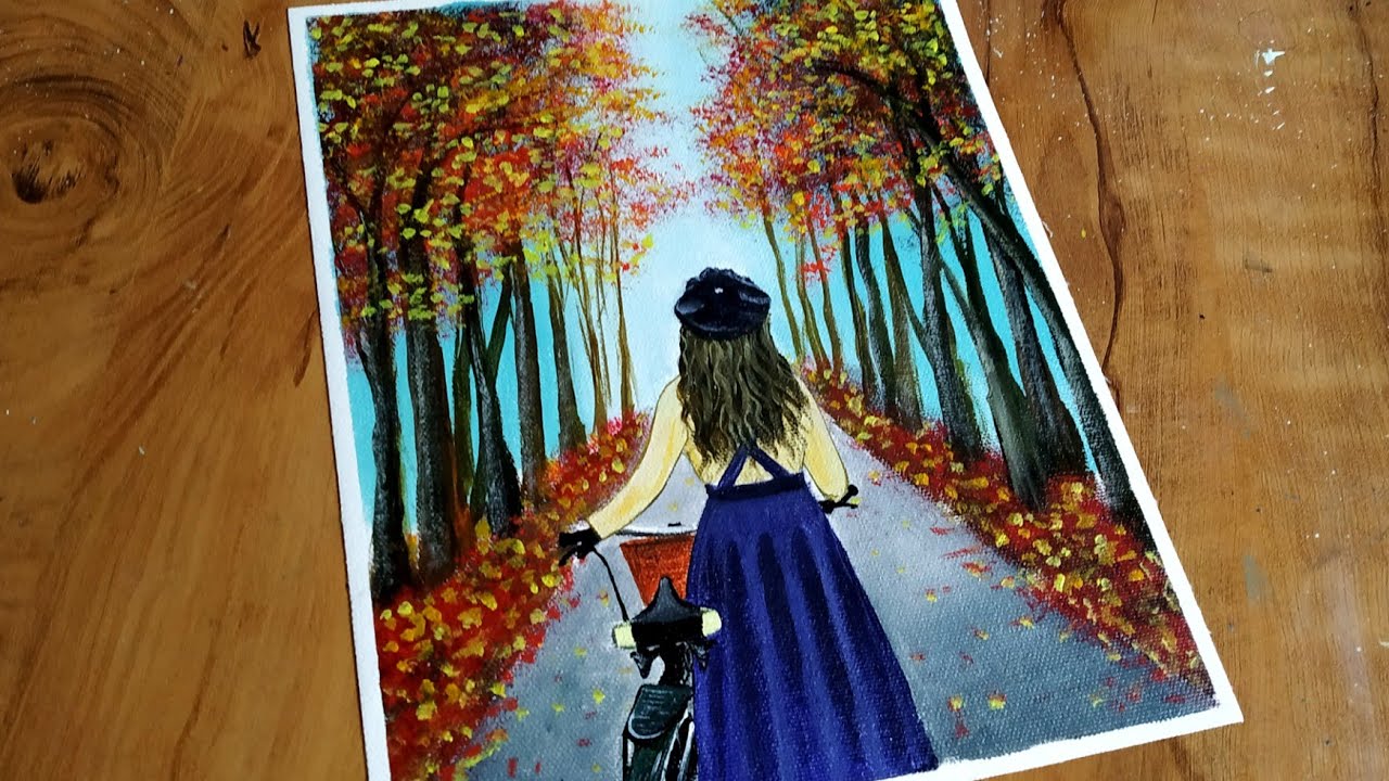 A Girl Riding a Bicycle in the Spring Season Acrylic Painting/Step by Step Autumn Landscape Painting