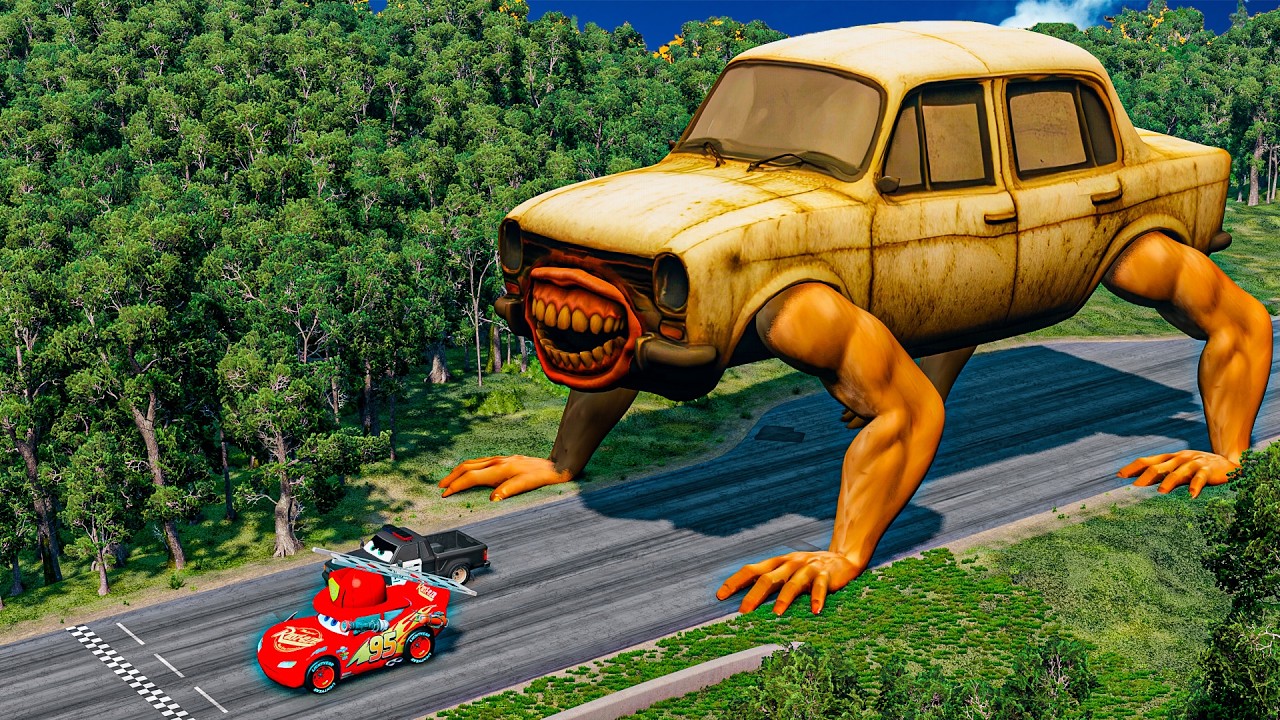 Giant HUMAN-CAR Eater VS Cars Lightning McQueen & Police Car - Beamng.Drive